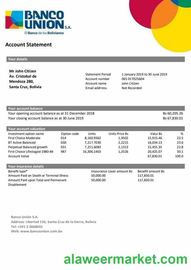Bolivia Banco Union bank statement